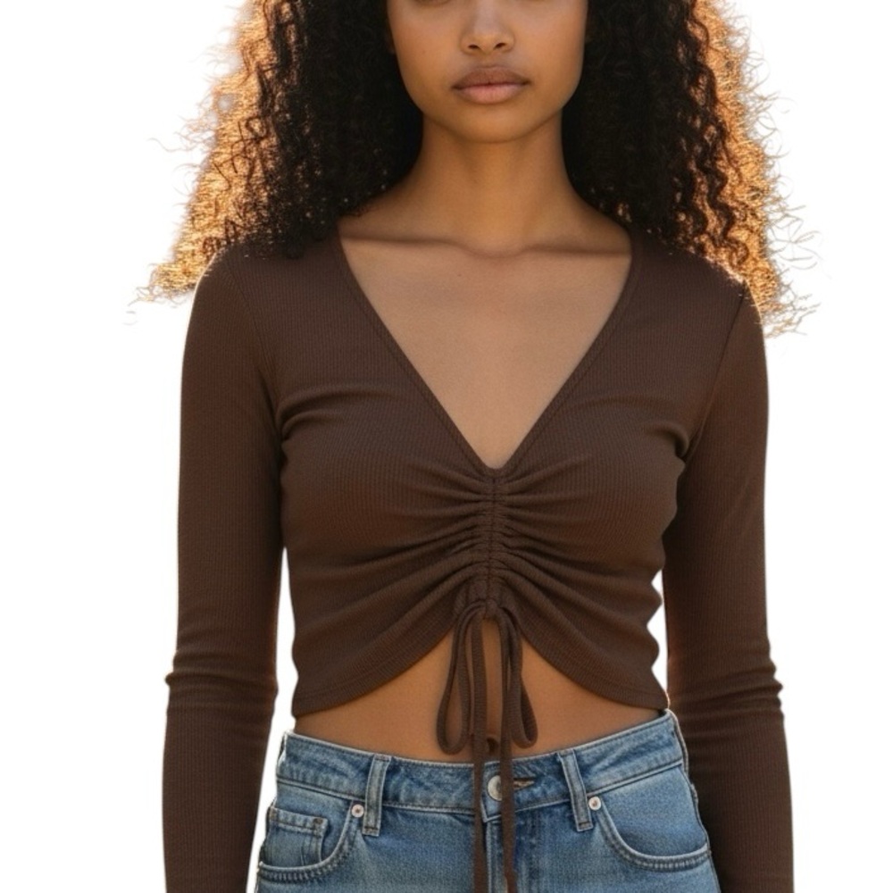 White Fox Boutique Chocolate Ruched Ribbed Crop Top Sz  M